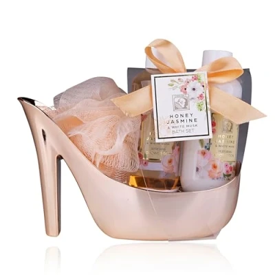 Afbeelding van Geschenkset Vrouwen Honey Jasmine Verwenpakket in Shiny Rosé Pump Verjaardag cadeau vrouw, moeder, oma, vriendin, mama, zus