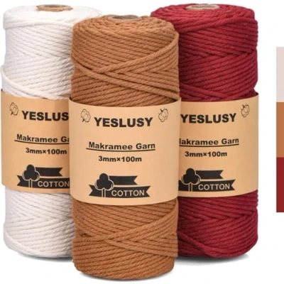 Afbeelding van YESLUSY Macramétouw, 3 mm x 100 m, macramégaren van natuurlijk katoen, hoogwaardig, voor knutselen, wandtapijten, breien, Kerstmis, boho decoratie