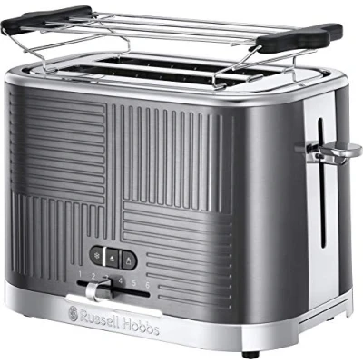 Afbeelding van Russell Hobbs Broodrooster broodrooster, 4 functies, gelijkmatige bruining, instelbare temperatuur, warmer voor broodjes, tang 25250 56 Geo Steel