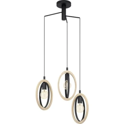 Afbeelding van EGLO Basildon hanglamp met 3 fittingen, vintage, industriële, retro van staal en hout, natuurlijke eettafellamp, woonkamerlamp E27 fitting, Ø 61,5 cm