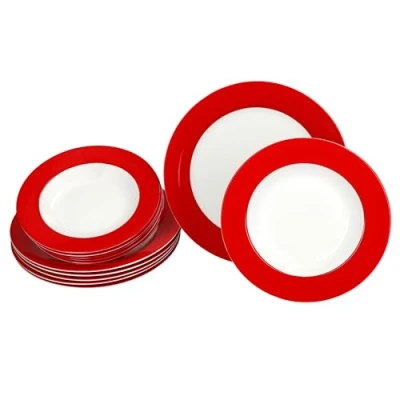 Afbeelding van MamboCat Variant tafelservies rood, 12 delig, gekleurd porseleinen servies voor 6 personen, soepborden en kleurrijke dinerborden, platte borden de
