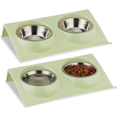 Afbeelding van Relaxdays 2x dubbele voerbak kat voer en waterbak kleine hond verhoogde etensbak 150ml groen