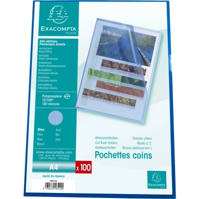 Afbeelding van Exacompta Ref. 58522E Zak met 100 hoekhoezen Van generfd polypropyleen Dikte 12/100e Afmetingen: 22x31cm Formaat DIN A4 Kleur: blauw