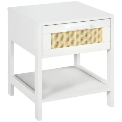 Afbeelding van HOMCOM Nachtkastje met lade en plank, rotan riet, dim. 40L x 40B 48H cm (wit)
