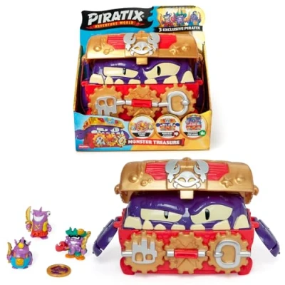 Afbeelding van PIRATIX ADVENTURE WORLD monster Treasure Schatkist met verborgen aan de binnenkant, inclusief 1 kist, 3 exclusieve Piratix, schat en accessoires