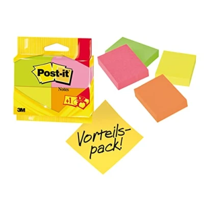 Image de Post it Notes, couleurs fluo assorties, 38 mm x 51 mm, paquet promotionnel, 100 feuilles/bloc, 3 blocs + 1 gratuit/paquet