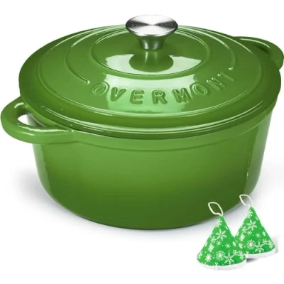Afbeelding van Overmont Geëmailleerde gietijzeren braadpan met deksel, diameter: 26 cm, groen.