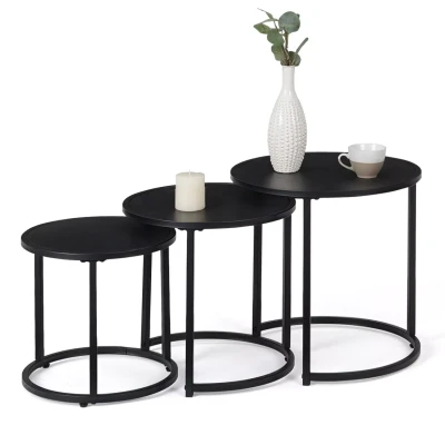 Afbeelding van Lot de 3 tables basses gigognes DAVIS rondes 35/40/45 en métal noir mat design industriel