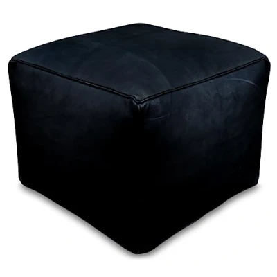 Afbeelding van Leren poef zwart Vierkante Handgemaakt in Marokko 40x40x35 Gevuld geleverd Poufs&amp;Pillows