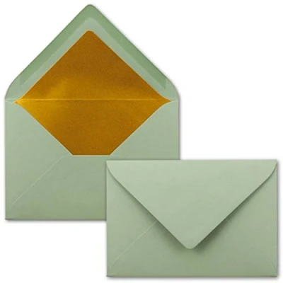 Afbeelding van 25 enveloppen in eucalyptusgroen, DIN C6, 114 x 162 mm, 11,4 16,2 cm, met natte plakrand en goudkleurige metalen voering, zonder venster, voor uitnodigingen