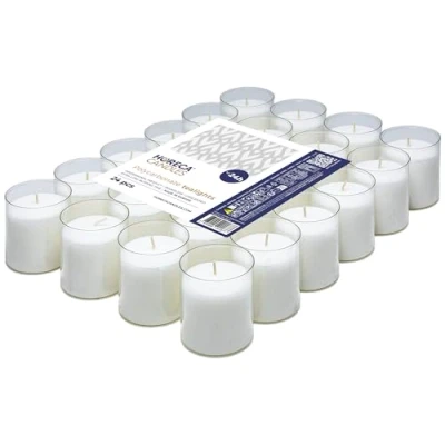 Afbeelding van Horeca Candles Witte theelichtjes 24 uur houdbaar 25 stuks ongeparfumeerde kaarsen Helder plastic glas Verlichting voor bruiloft, decoratie, gastronomie