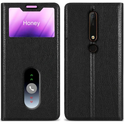 Afbeelding van Cadorabo Hoesje geschikt voor Nokia 6.1 in KOMEET ZWART Beschermhoes met magnetische sluiting, standfunctie en 2 kijkvensters Book Case Cover Etui