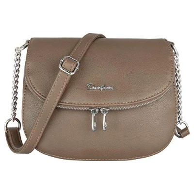 Afbeelding van David Jones Kleine Tas voor dames Schoudertas met kettingen van PU leer ritssluiting klep 2 vakken stadstas telefoon, reizen, werk, winkelen elegant, bruin, Elegant