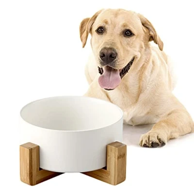 Afbeelding van SPUNKYJUNKY Voer , en drinkbak van keramiek met standaard bamboe voor katten honden (850 ml, wit 1)