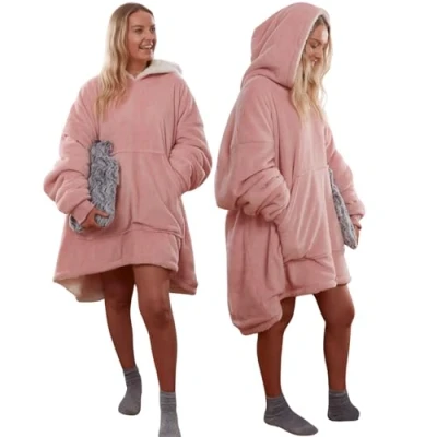 Afbeelding van Sienna hoodie / deken ultrazacht en warm van sherpa fleece, comfortabel, oversized, roze, één maat