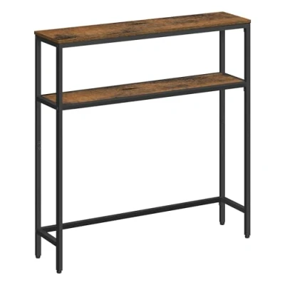 Afbeelding van VASAGLE Console voor hal, dunne woonkamertafel met 2 niveaus, 20 x 80 cm, bijzettafel planken, woonkamer, slaapkamer, rustiek bruin en inktzwart LNT130K01