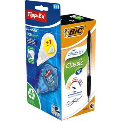 Afbeelding van Balpen BIC Atlantis + gratis Tipp Ex easy medium zwart doos à 12 stuks