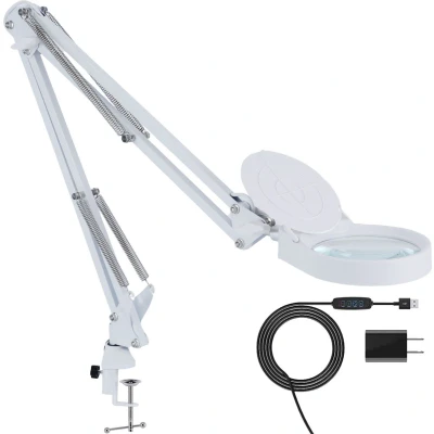 Afbeelding van Earkings Loeplamp Vergrootglas met Verlichting LED inclusief Tafelklem en 3 Lichtkleuren Loep Vergroot 3x tot 10x is 360 Graden draaibaar Wit