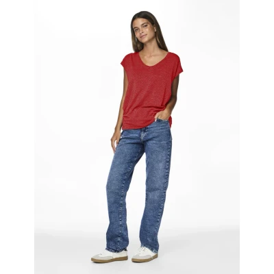 Afbeelding van Pieces T shirt Pcbillo Tee Lurex Stripes Jrs Noos 17078572 Poppy Red Dames Maat XS