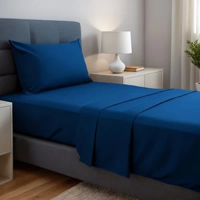 Afbeelding van 3 delige lakenset, 90 x 190/200 cm, geborsteld polyester microvezel lakens. Bedlaken, verstelbaar hoeslaken en 1 kussensloop. Kleur marineblauw