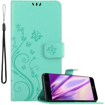 Afbeelding van Cadorabo Hoesje geschikt voor Huawei P9 in BLOEMEN TURKOOIS Beschermhoes bloemmotief met magnetische sluiting, standfunctie en kaartsleuven Book Case Cover Etui