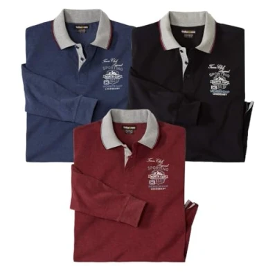 Afbeelding van ATLAS FOR MEN Set van 3 poloshirts voor heren 60% katoen 40% polyester lange mouwen verkrijgbaar in grote maten M tot 5XL, Bordeaux, marineblauw, nachtzwart