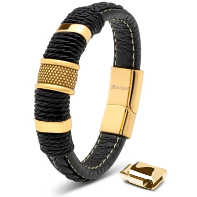 Afbeelding van SERASAR Echte Leren Armband voor Jongens [Helix] Goud 17cm Tienersieraden met Doos