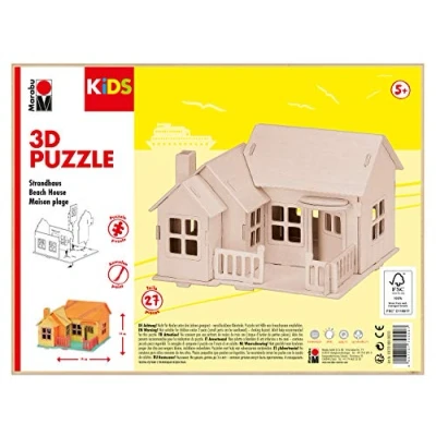 Afbeelding van Marabu KiDS 31700000013 3D houten puzzel strandhuis met 27 puzzelstukjes van FSC gecertificeerd hout, ca. 19 x 14 cm, eenvoudige steektechniek, om te beschilderen en personaliseren