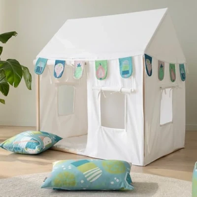 Afbeelding van howa Kindertent indoor Speelhuis Katoen Speeltent met Slinger, 2 Kussenhoezen, Vloermat, L110cmx B80cm x H125cm, 3 ramen en zijpanelen die open kunnen 85153