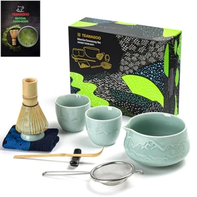Afbeelding van TEANAGOO Matcha garde set met schenktuit, schep, garde, theehouder, Japanse theeset, 7 delige + 2 kopjes (7,2 oz), S36, celadonblauw