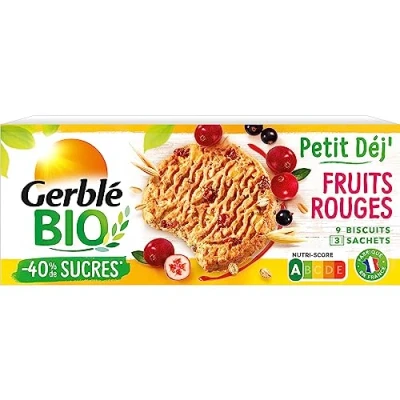 Image de Gerblé BIO Biscuit Petit Déjeuner Fruits Rouges Réduit en sucres Riches Fibres 1 boîte 132g (3 sachets de 3 biscuits)