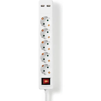 Afbeelding van Stekkerdoos 5 voudig Nedis 1.5 meter (2 USB poorten, Schakelaar)