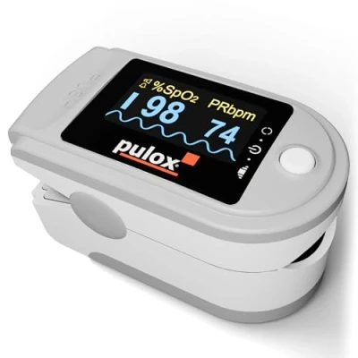 Afbeelding van Pulox PO 200A solo pulsoximeter met alarm en hartgeluid in grijs voor hartslagmeting, zuurstofverzadiging IP op de vinger.