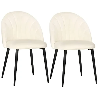 Afbeelding van HOMCOM Set van 2 fluwelen stoelen Crème metalen poten zwart afm. 52L x 54L 79H cm