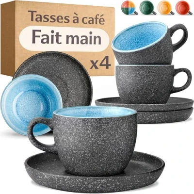 Afbeelding van Cosumy Cappuccinokopjes set van 4 keramische kopjes met schoteltjes 200 ml de hand gemaakt reactief email houdt warmte langer (blauw)