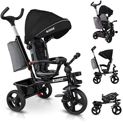 Afbeelding van KIDIZ® Loopfiets Driewieler 5in1 Kinderfiets kinderdriewielerfiets 1 jaar vooruit en achteruit Jogger , mand tas drinkhouder zonnekap rubberen wielen, buggy fiets baby opvouwbaar driewielfiets Zwart