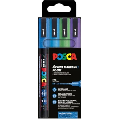 Afbeelding van Uni POSCA paintmarker PC 3ML, 1,5 mm, glitter, etui van 4 stuks donker