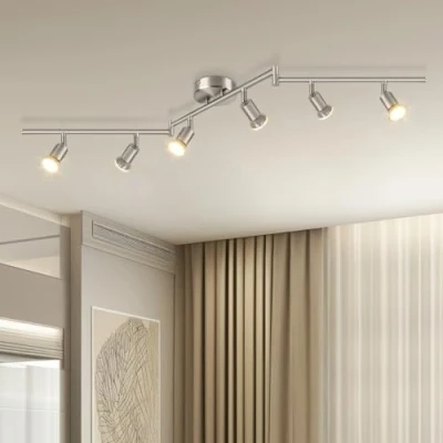 Afbeelding van Dehobo Plafondlamp, draaibaar, nikkel, mat, 6 weg, GU10, led, led bereik, 350 graden, modern, verstelbaar, voor keuken, woonkamer, geen lampen