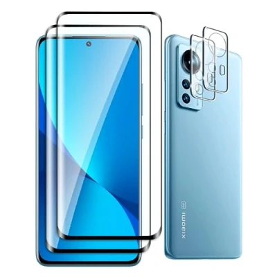 Afbeelding van Fyqzio [2 + 2 stuks gehard glas voor Xiaomi 12/12X en achtercamerabescherming, zonder luchtbellen, 9H hardheid, krasbestendig, 3D volledige afdekking, HD schermbescherming