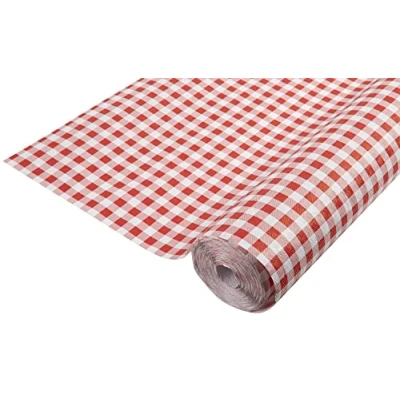 Afbeelding van Pro Nappe Ref R482570I Damast papieren tafelkleed voor eenmalig gebruik op rol van 25 x 1,18 m (l b). Damastpapier in een chique en klassiek universeel patroon, 83 couverts, rood geruite kleur