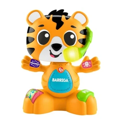 Afbeelding van Fisher Price Tin de tijger muziekspeelgoed met verlichting, geluiden en spraakopname, Spaans, Portugees, Italiaans, Engels, voor baby&#039;s vanaf 9 maanden (Mattel HYK91)