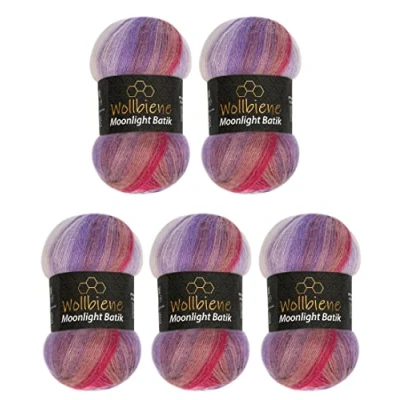 Afbeelding van Wollbiene Moonlight Batik Breiwol, 5 x 100 g, totaal 500 20% Turkse wol, kleurverloop (3080 paars, rood, roze)