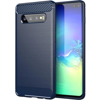 Afbeelding van Cadorabo Hoesje geschikt voor Samsung Galaxy S10 4G in BRUSHED BLAUW Beschermhoes van flexibel TPU siliconen roestvrij staal carbonvezel look Case Cover