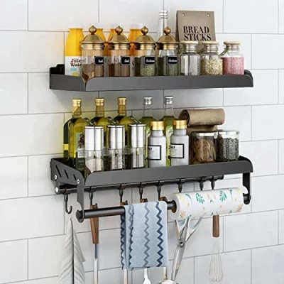 Afbeelding van 2 stukken kruidenrek voor aan de muur zonder boren,, kruidenplank met keukenrolhouder en 6 haken, keukenrek, specerijen, 304 roestvrij staal, wandmontage, badkamer keuken, 40 cm, zwart