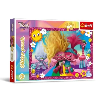 Afbeelding van Trefl Trolls Band Together, glanzende trollen glitterpuzzels 100 stukjes puzzels met pony&#039;s, creatief entertainment, vrije tijd voor kinderen vanaf 5 jaar