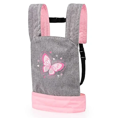 Afbeelding van poppendrager met zachte bekleding, verstelbare riemen, grijs, roze, vlinder
