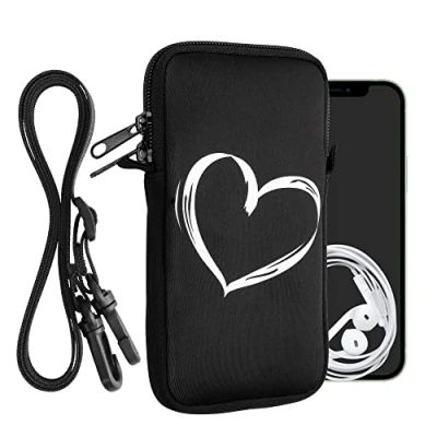 Afbeelding van kwmobile Tasje voor smartphones XXL 7&quot; Hoesje van neopreen in wit / zwart Phone case met nekkoord Brushed Hart design