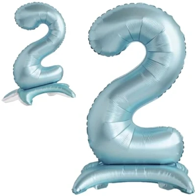Afbeelding van Ballon 2ème Anniversaire Numéro 2 Bleu Clair Debout XXL Géant en Aluminium 82cm Décoration Garcon de Deco pour Anniversaire.
