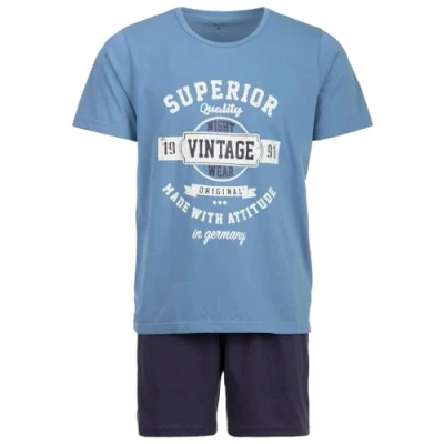 Afbeelding van Henry Terre Korte pyjama voor heren, vintage, blauw, 2 delig, M tot 5XL, katoen, Blauw