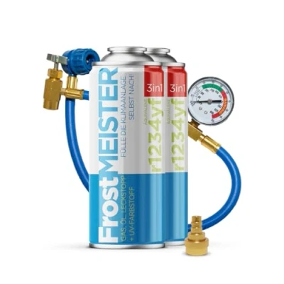 Afbeelding van FrostMEISTER 3 in 1 auto airconditioning navulset (2 x 400 ml blikjes + slang met manometer en adapter) reserve koelvloeistof, compressorolie afdichtmiddel voor R1234yf (bij